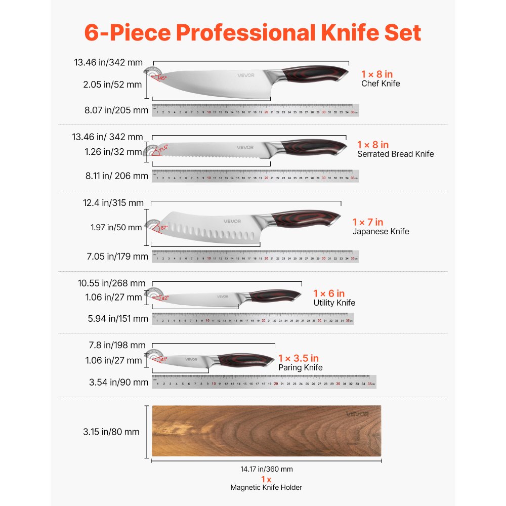 Set 6 Cutite Bucatarie Otel Inoxidabil Premium, Maner de Nuc, cu Suport Magnetic | Domestika.ro