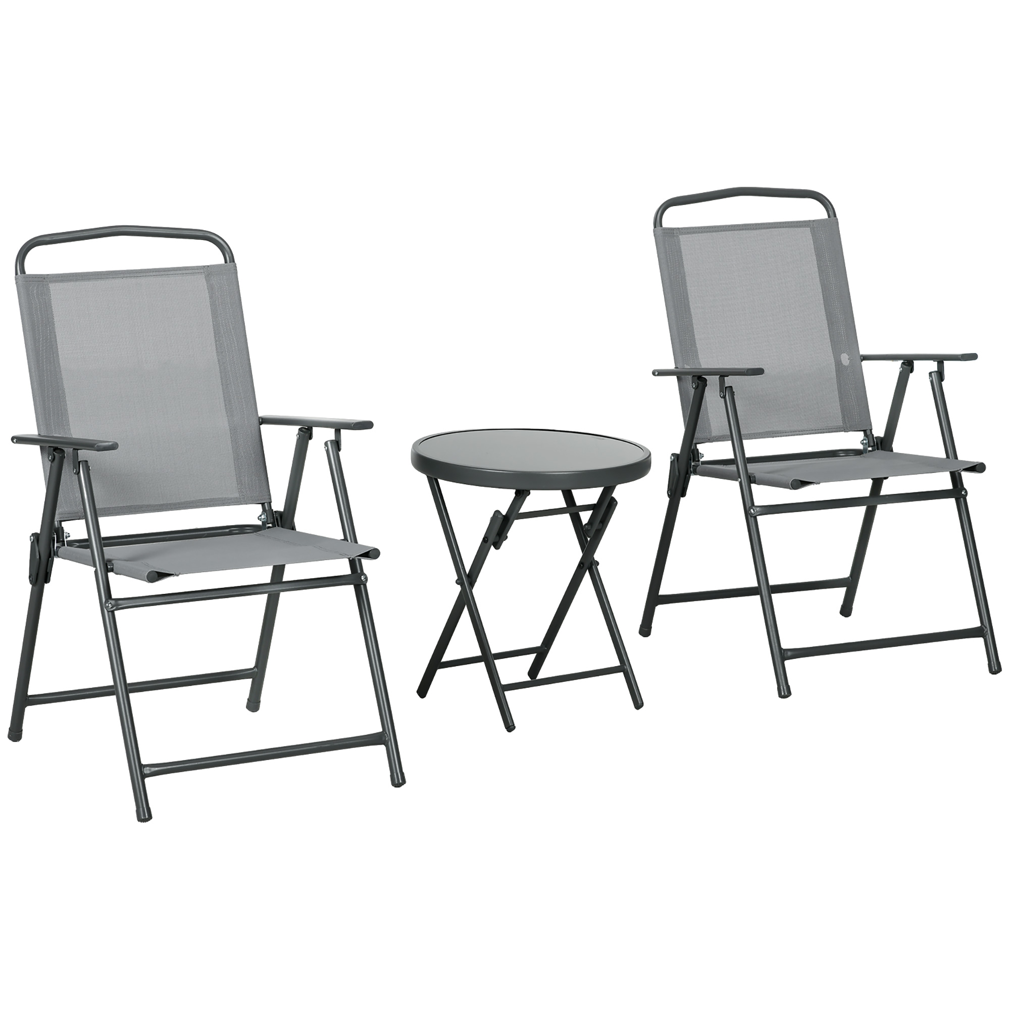 Set gradina 3 piese - masa sticla + 2 scaune pliabile gri