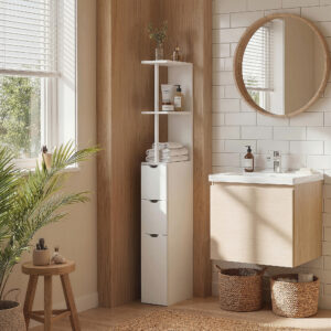 Dulap de baie din lemn natural cu rafturi și sertare - 136 cm, design minimalist