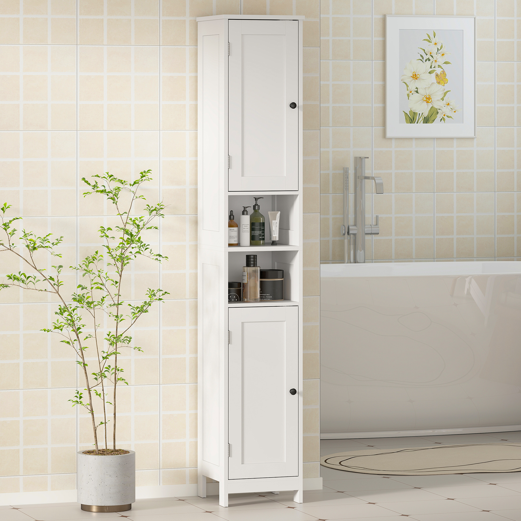 Dulap Înalt Baie Alb 170cm - 2 Dulapuri + 2 Rafturi Deschise, Reglabil