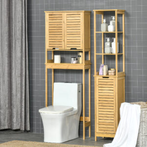 Dulap baie turn din bambus, 3 rafturi + dulap, 34x30x173 cm
