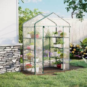 Sera de grădina compacta cu rafturi, 143x73x195cm - Cadru metalic și PVC transparent