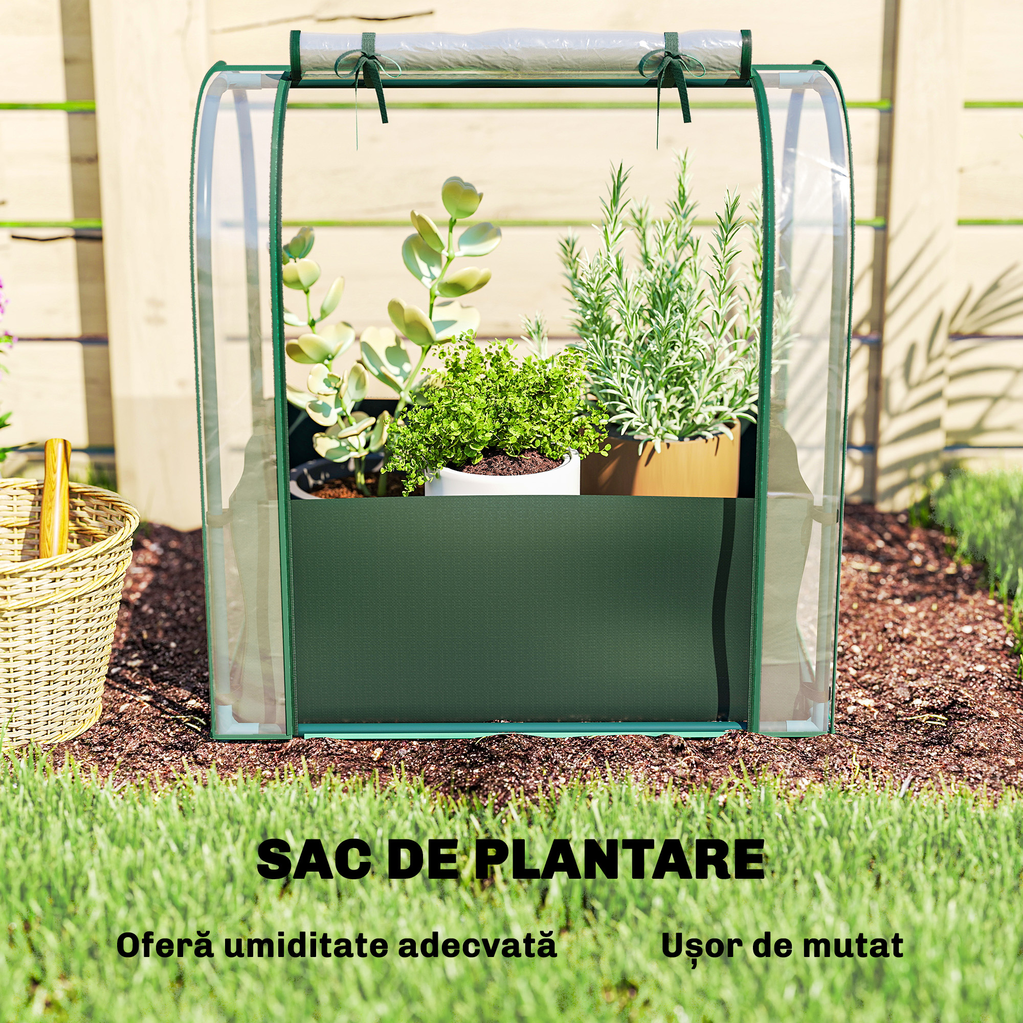 Mini sera de gradina cu sac de plantare si usa rulanta