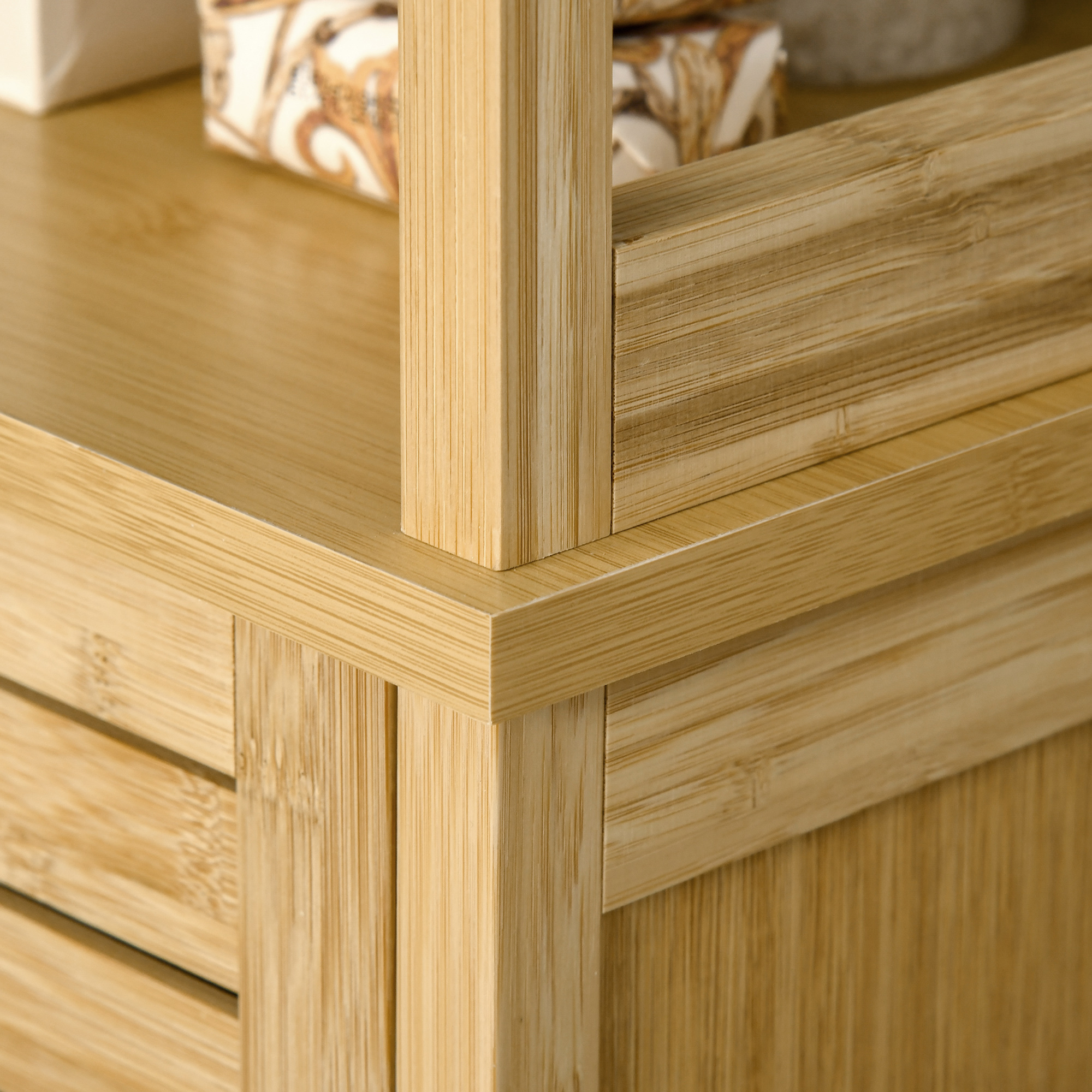Dulap baie turn din bambus, 3 rafturi + dulap, 34x30x173 cm