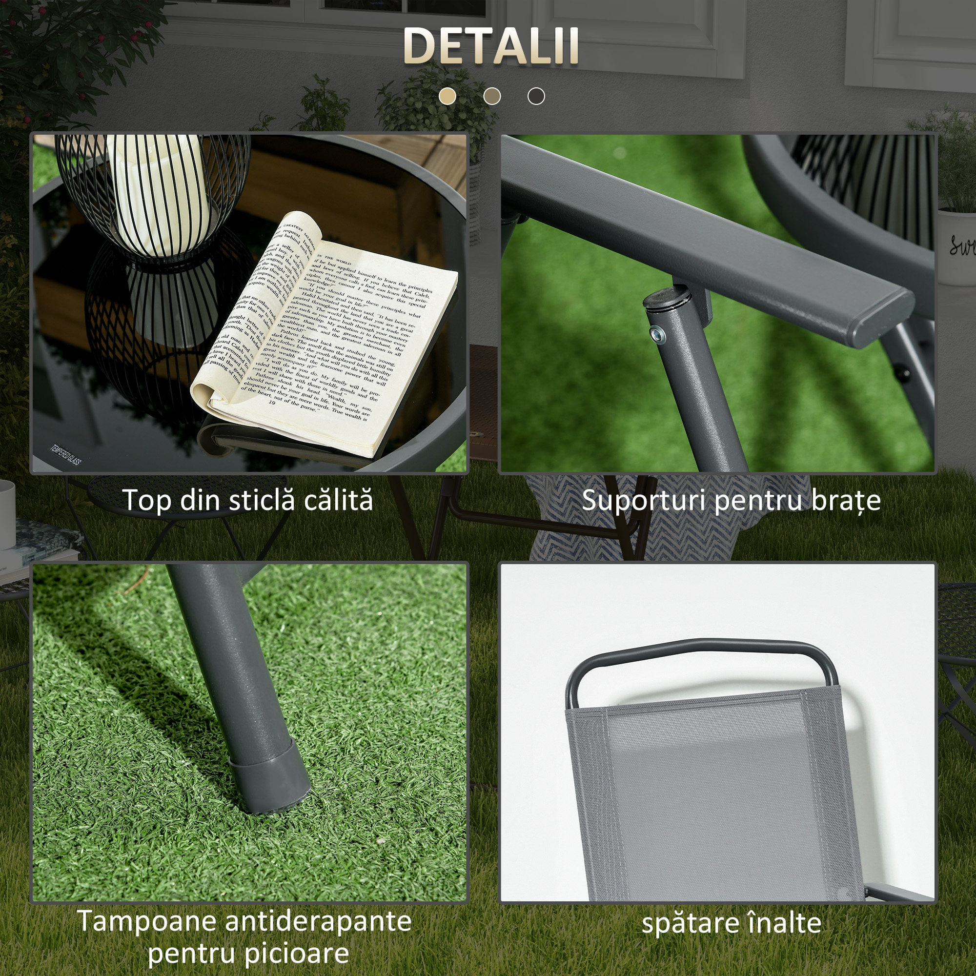 Set gradina 3 piese - masa sticla + 2 scaune pliabile gri