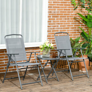 Set gradina 3 piese - masa sticla + 2 scaune pliabile gri