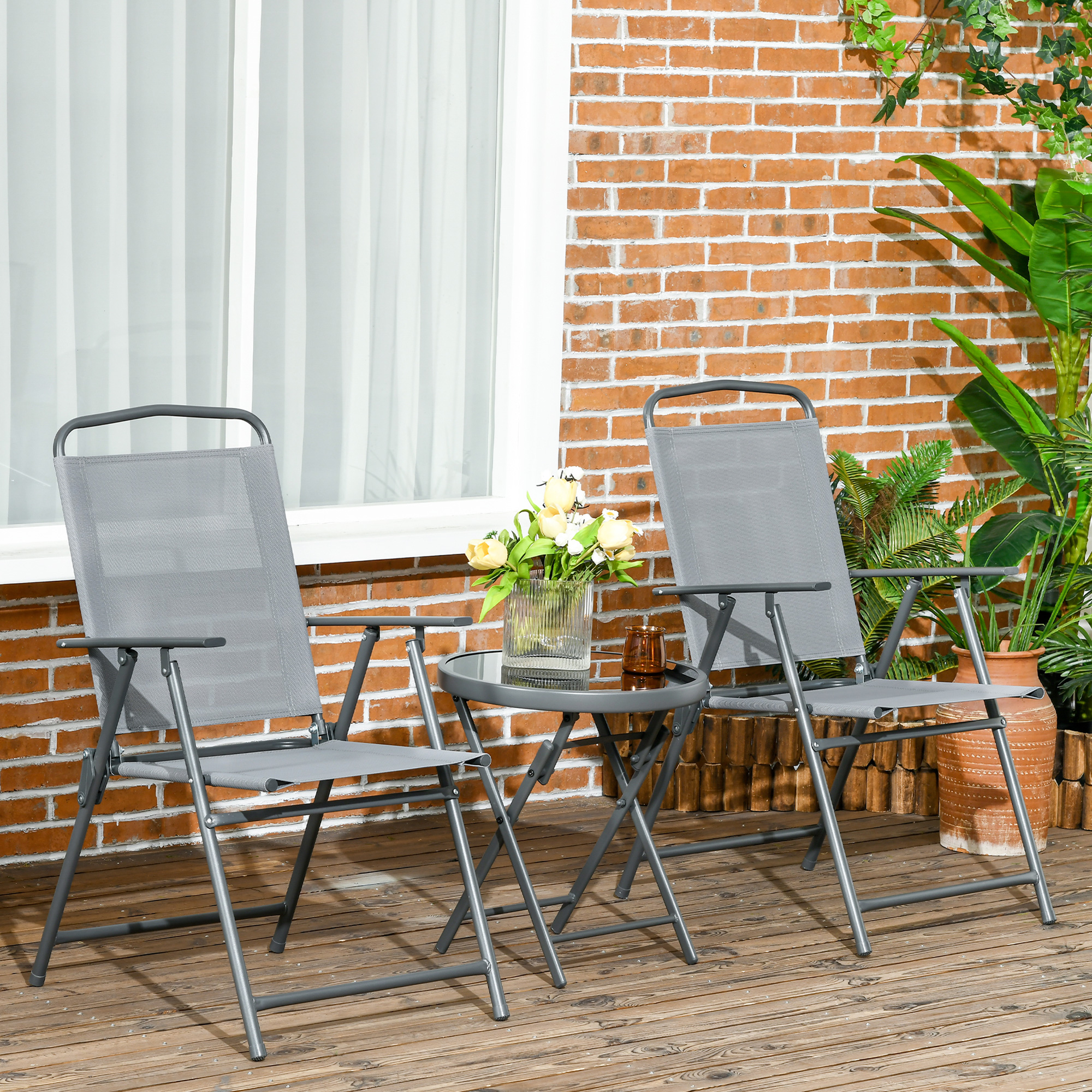 Set gradina 3 piese - masa sticla + 2 scaune pliabile gri