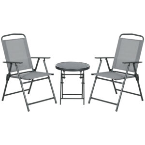 Set gradina 3 piese - masa sticla + 2 scaune pliabile gri