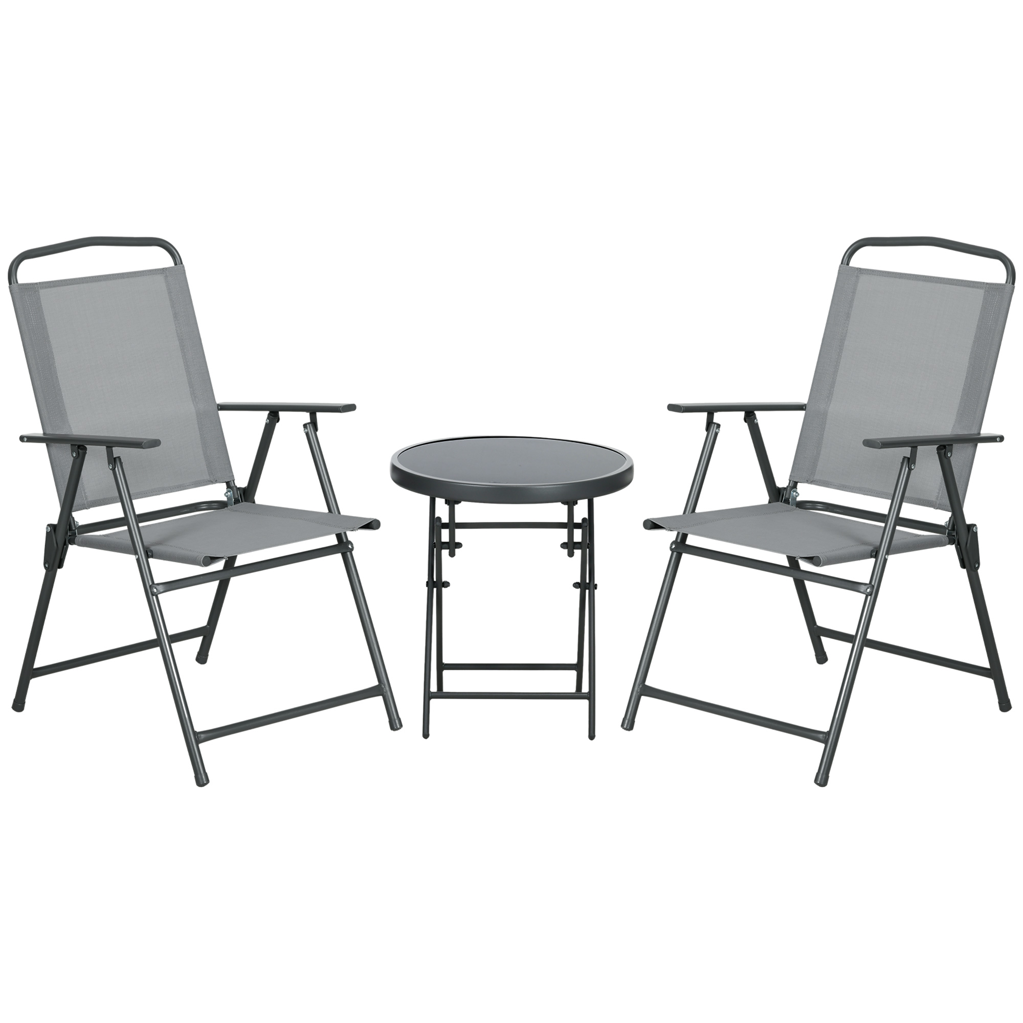 Set gradina 3 piese - masa sticla + 2 scaune pliabile gri
