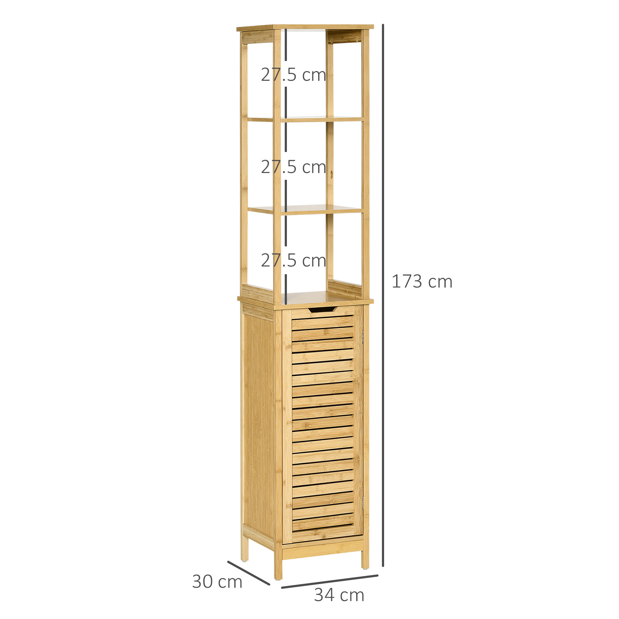 Dulap baie turn din bambus, 3 rafturi + dulap, 34x30x173 cm
