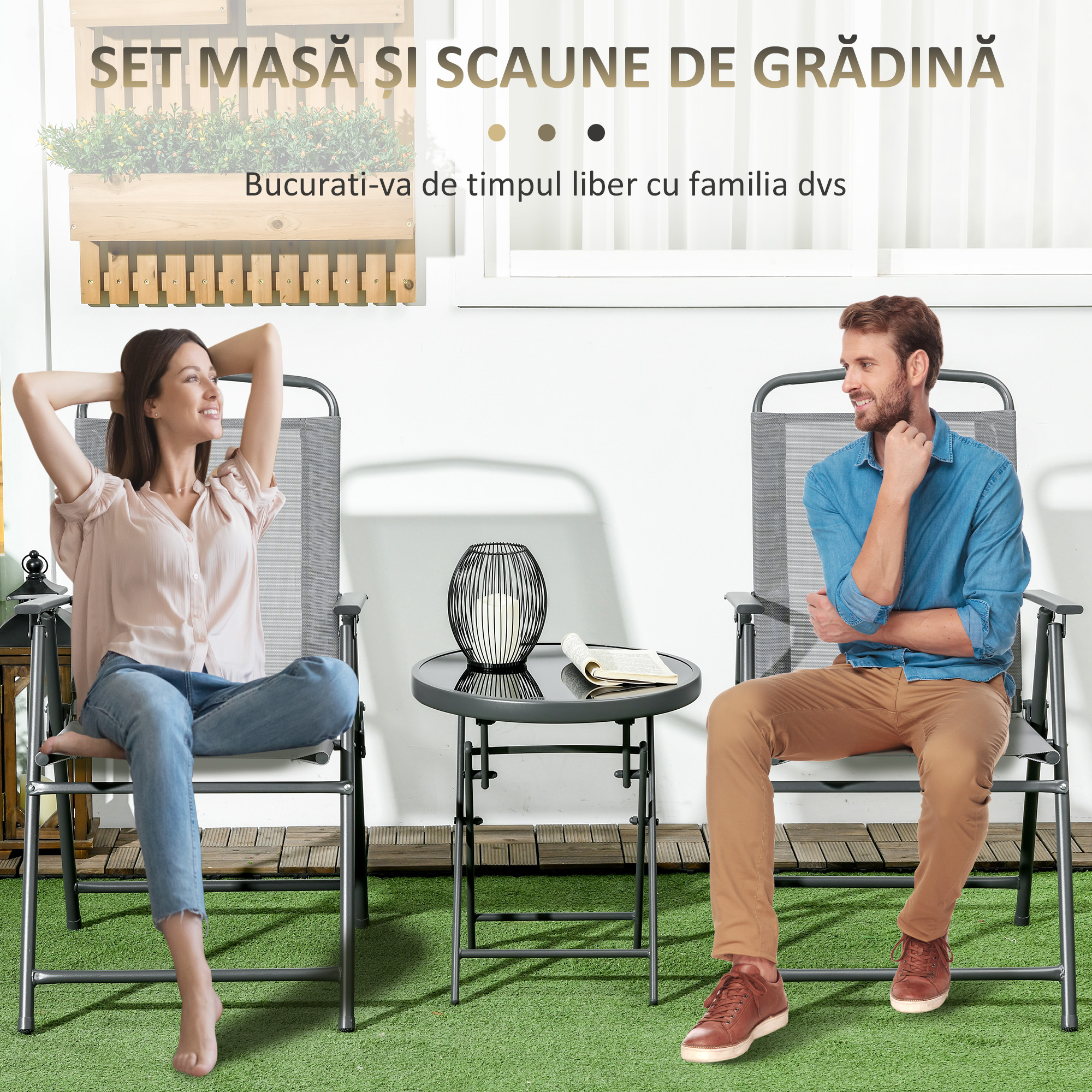 Set gradina 3 piese - masa sticla + 2 scaune pliabile gri