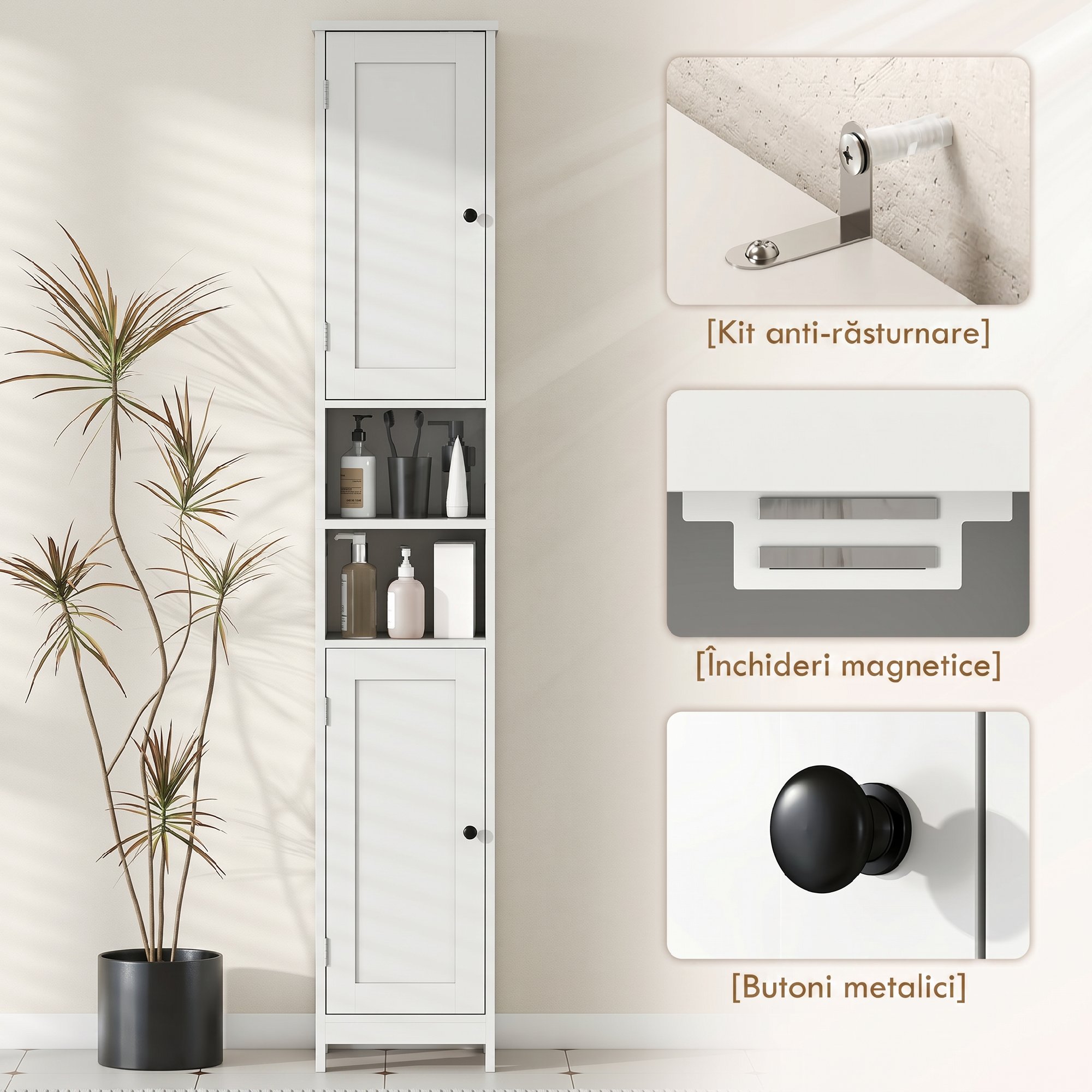 Dulap Înalt Baie Alb 170cm - 2 Dulapuri + 2 Rafturi Deschise, Reglabil