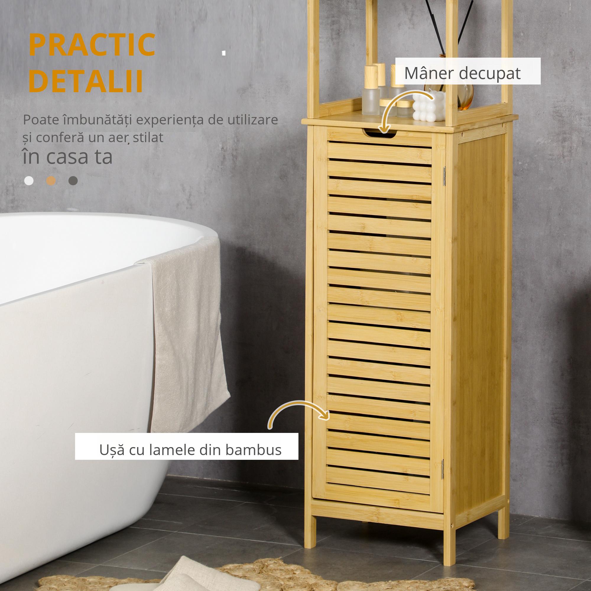 Dulap baie turn din bambus, 3 rafturi + dulap, 34x30x173 cm
