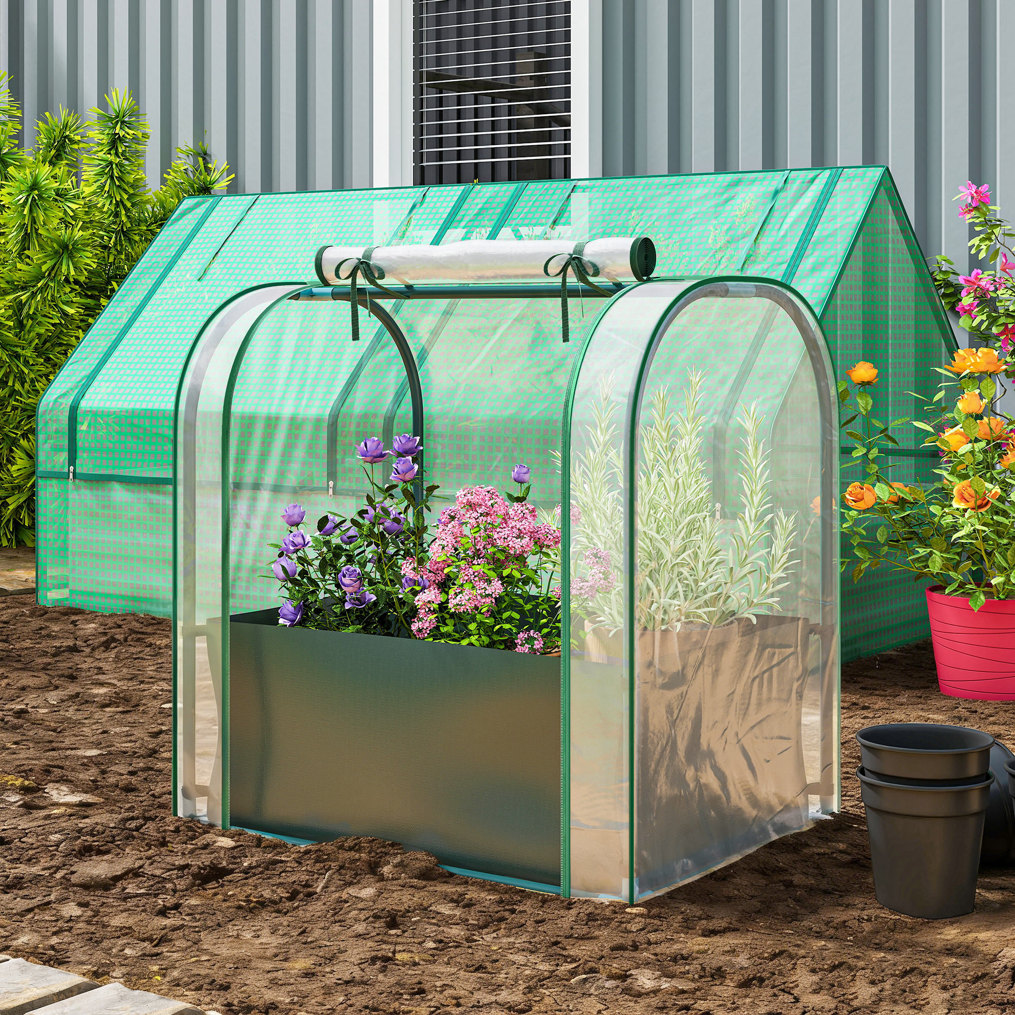 Mini sera de gradina cu sac de plantare si usa rulanta