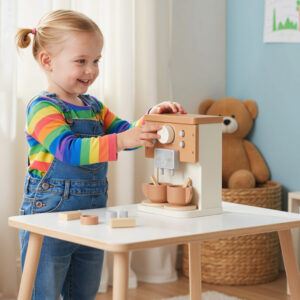 Set cafetiera din lemn pentru copii - masina de cafea interactiva cu accesorii Montessori