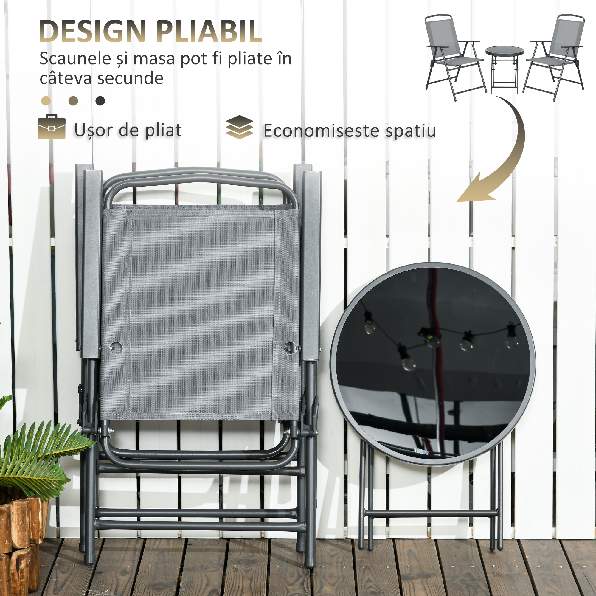 Set gradina 3 piese - masa sticla + 2 scaune pliabile gri