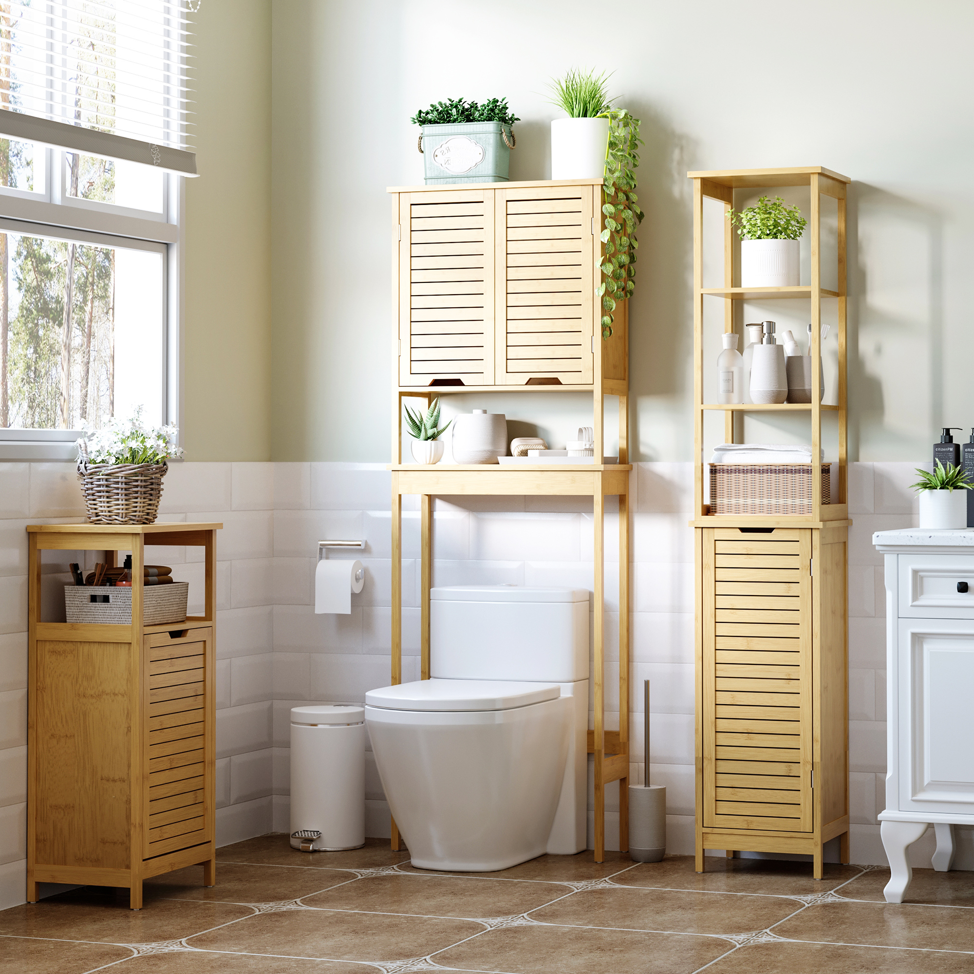 Dulap baie turn din bambus, 3 rafturi + dulap, 34x30x173 cm
