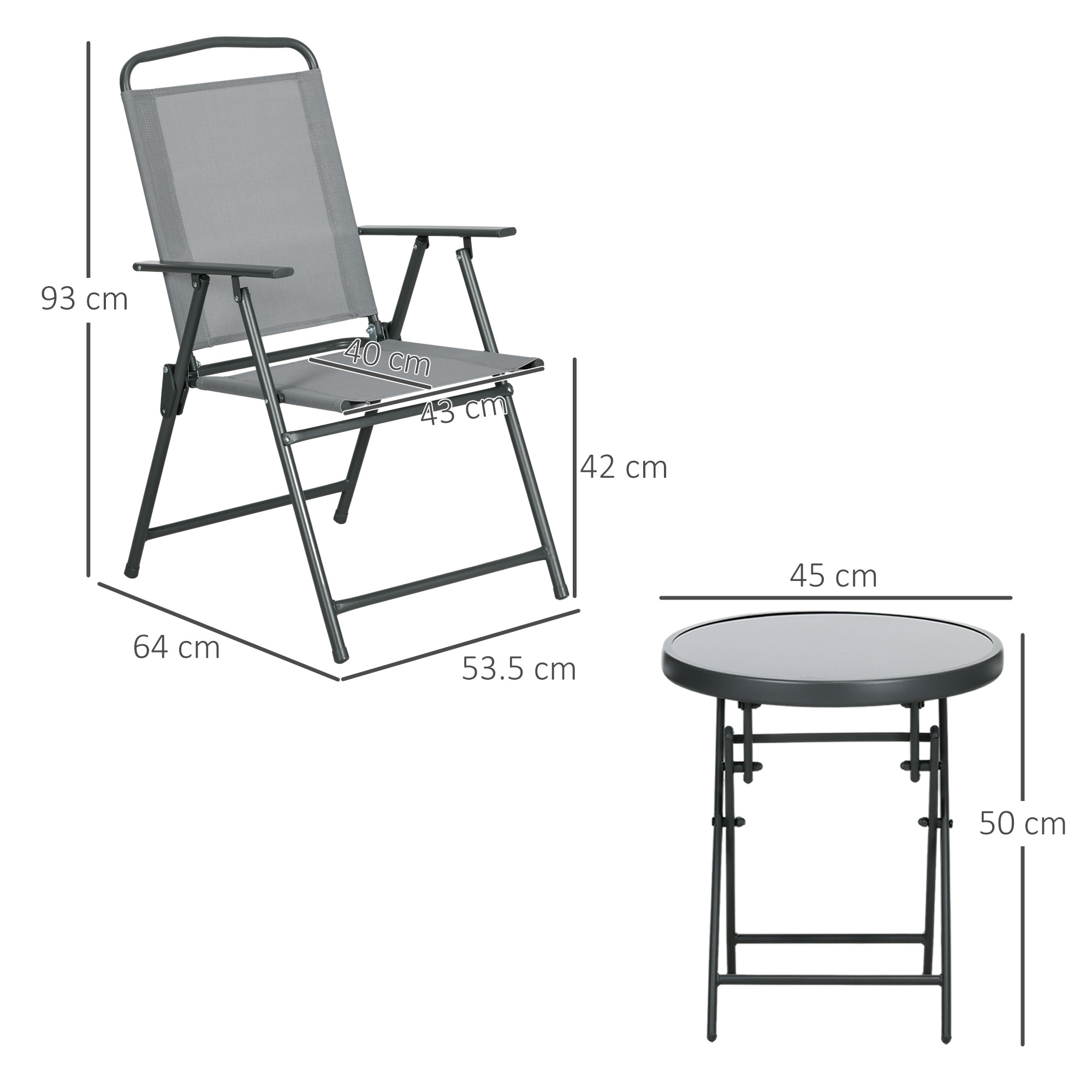 Set gradina 3 piese - masa sticla + 2 scaune pliabile gri