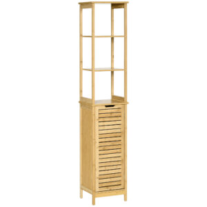 Dulap baie turn din bambus, 3 rafturi + dulap, 34x30x173 cm