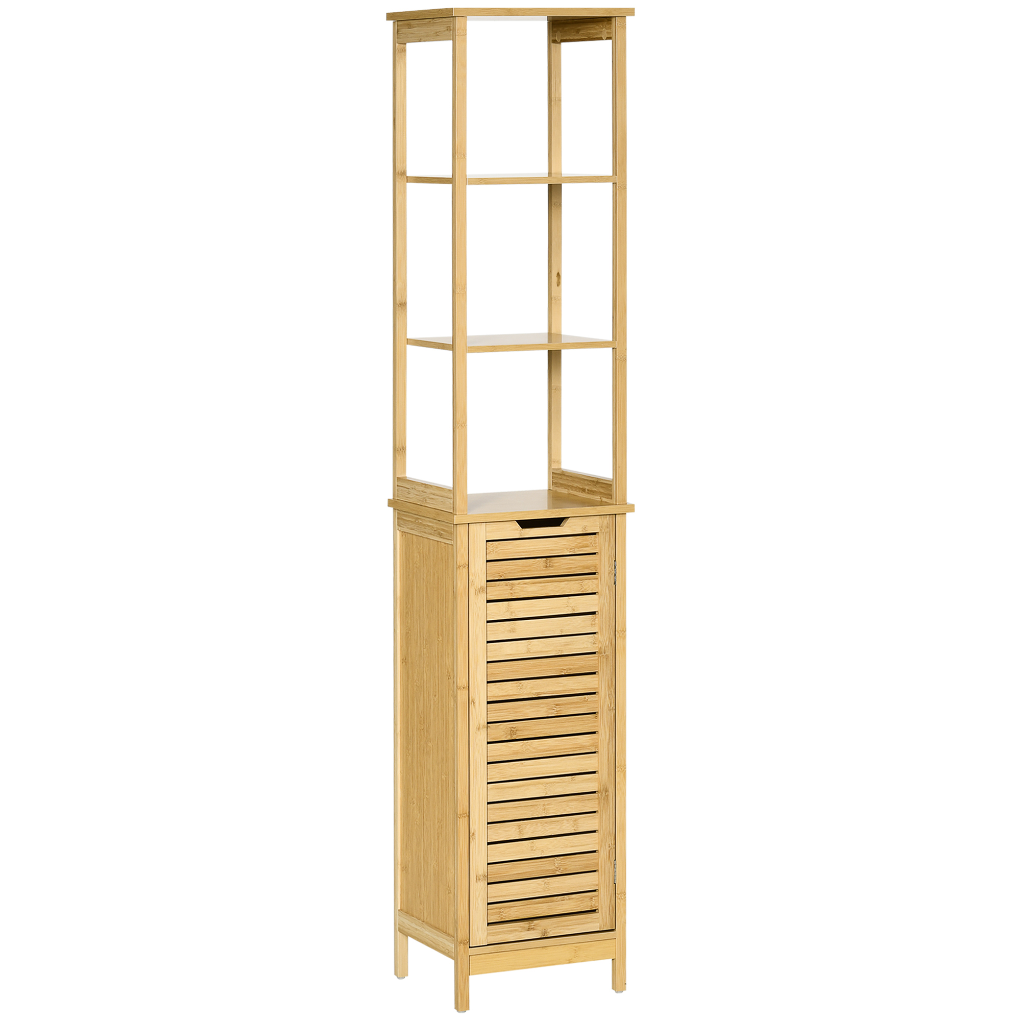 Dulap baie turn din bambus, 3 rafturi + dulap, 34x30x173 cm