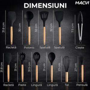 Set Ustensile Bucătărie Macvi® 19 Piese Silicon Bambus