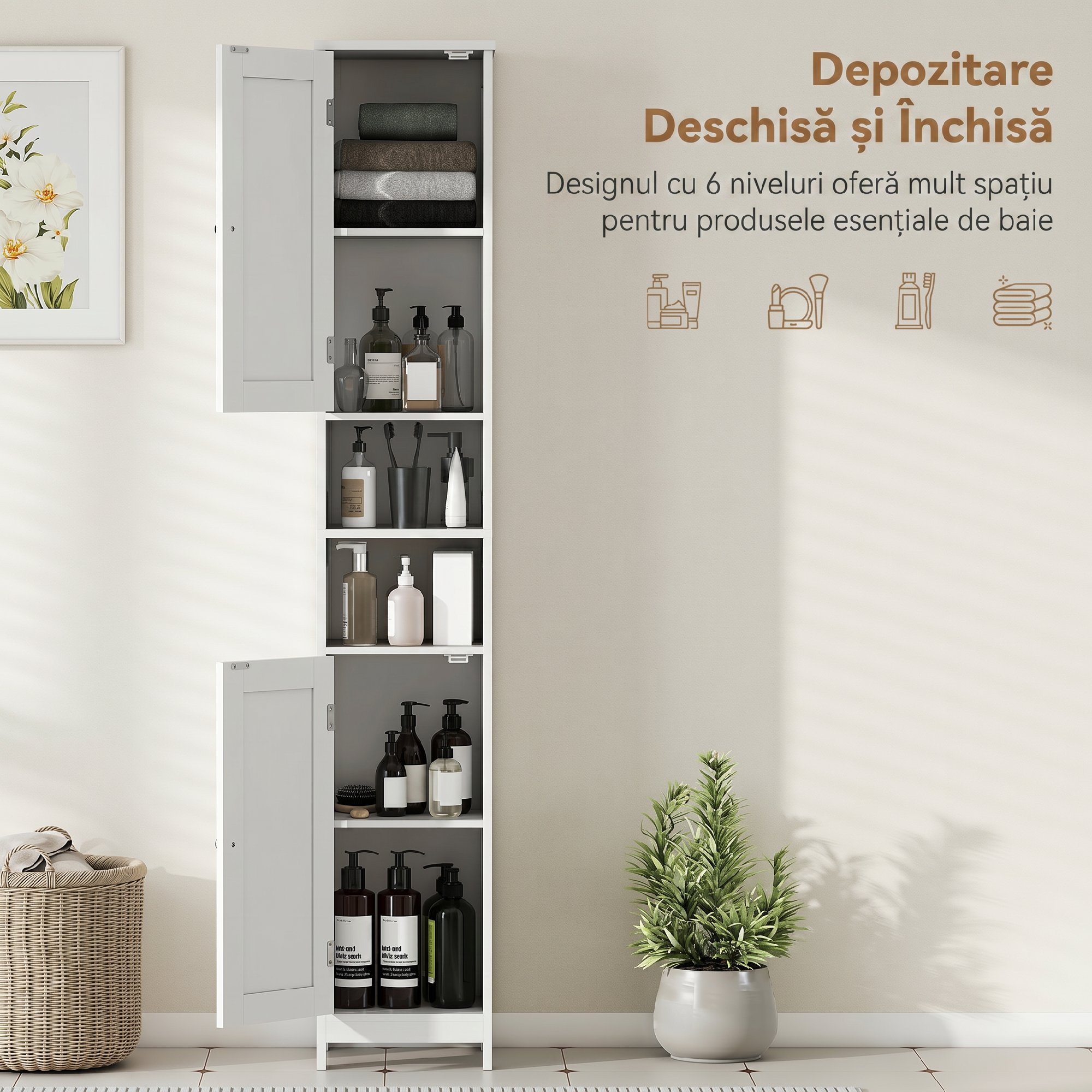 Dulap Înalt Baie Alb 170cm - 2 Dulapuri + 2 Rafturi Deschise, Reglabil