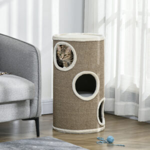 Casuta pentru pisici cu 3 niveluri, ciucuri sisal si plus moale - 70cm