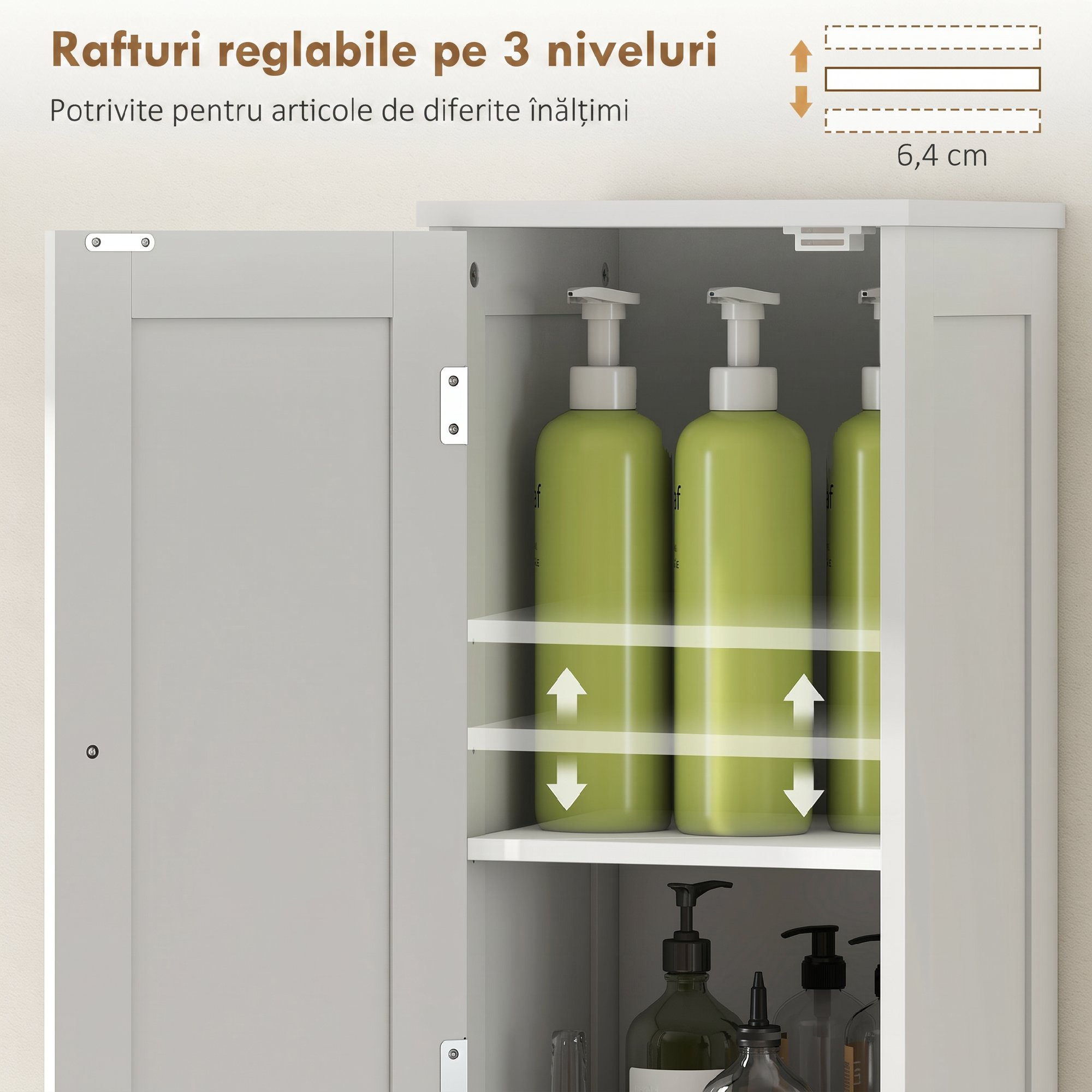 Dulap Înalt Baie Alb 170cm - 2 Dulapuri + 2 Rafturi Deschise, Reglabil