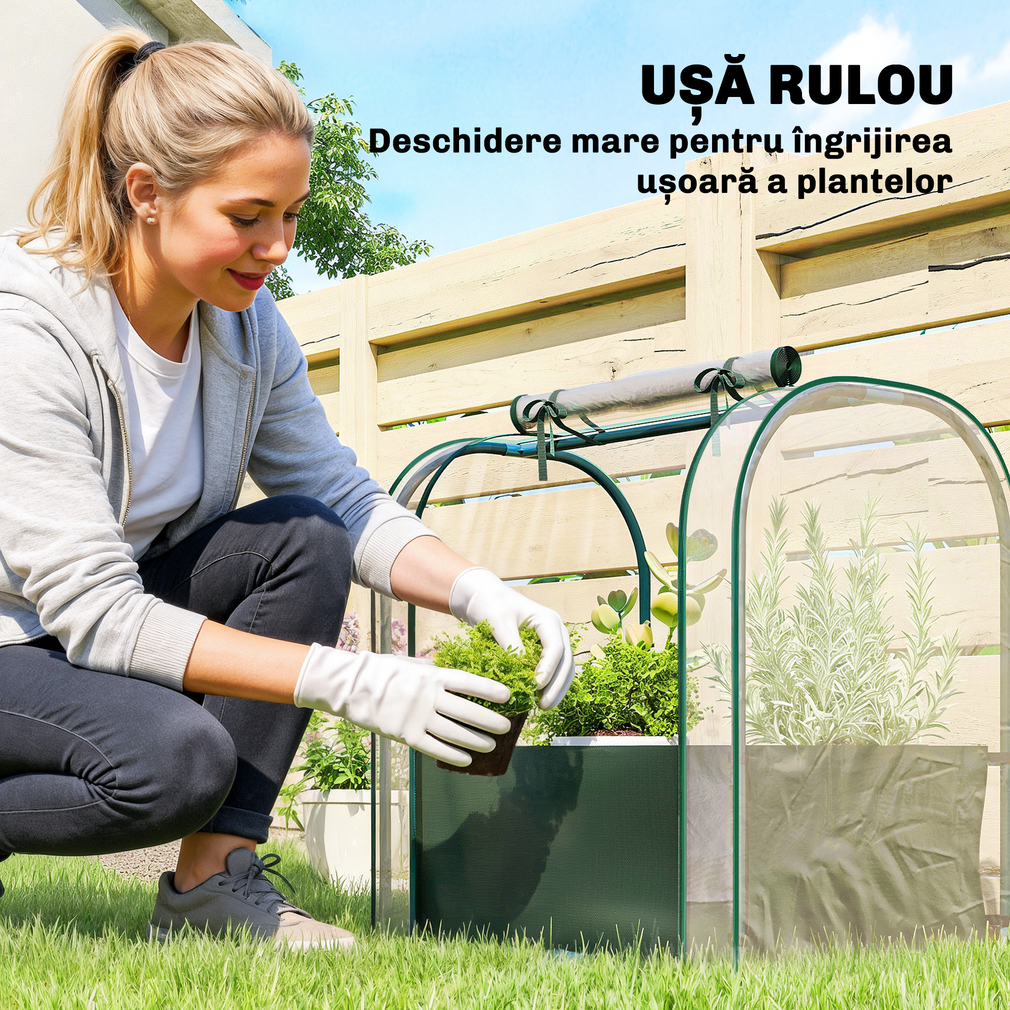 Mini sera de gradina cu sac de plantare si usa rulanta