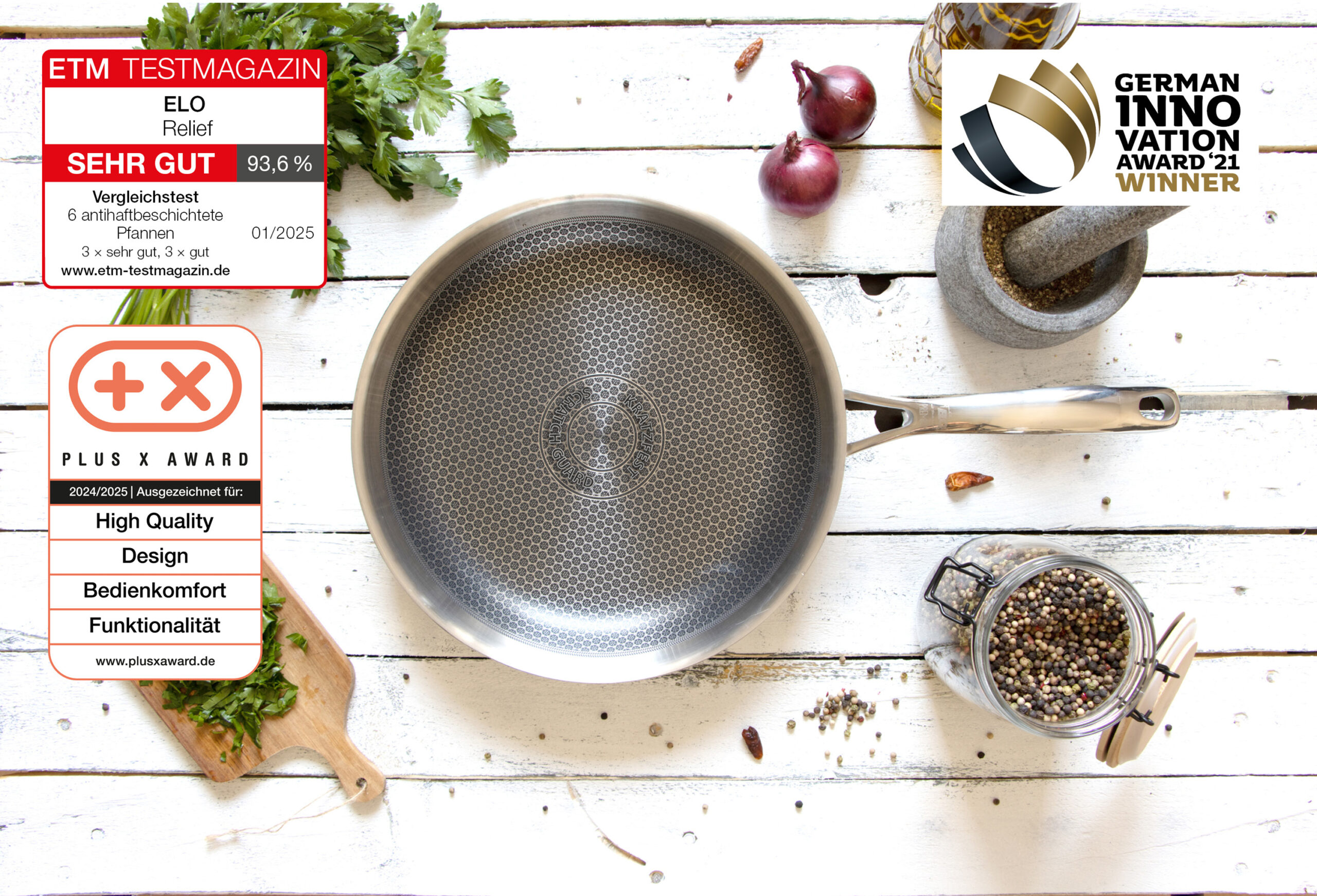 Context real de utilizare pentru Tigaie de inox ELO Relief Evolution, 28 cm, tehnologie Weilburger honeycomb