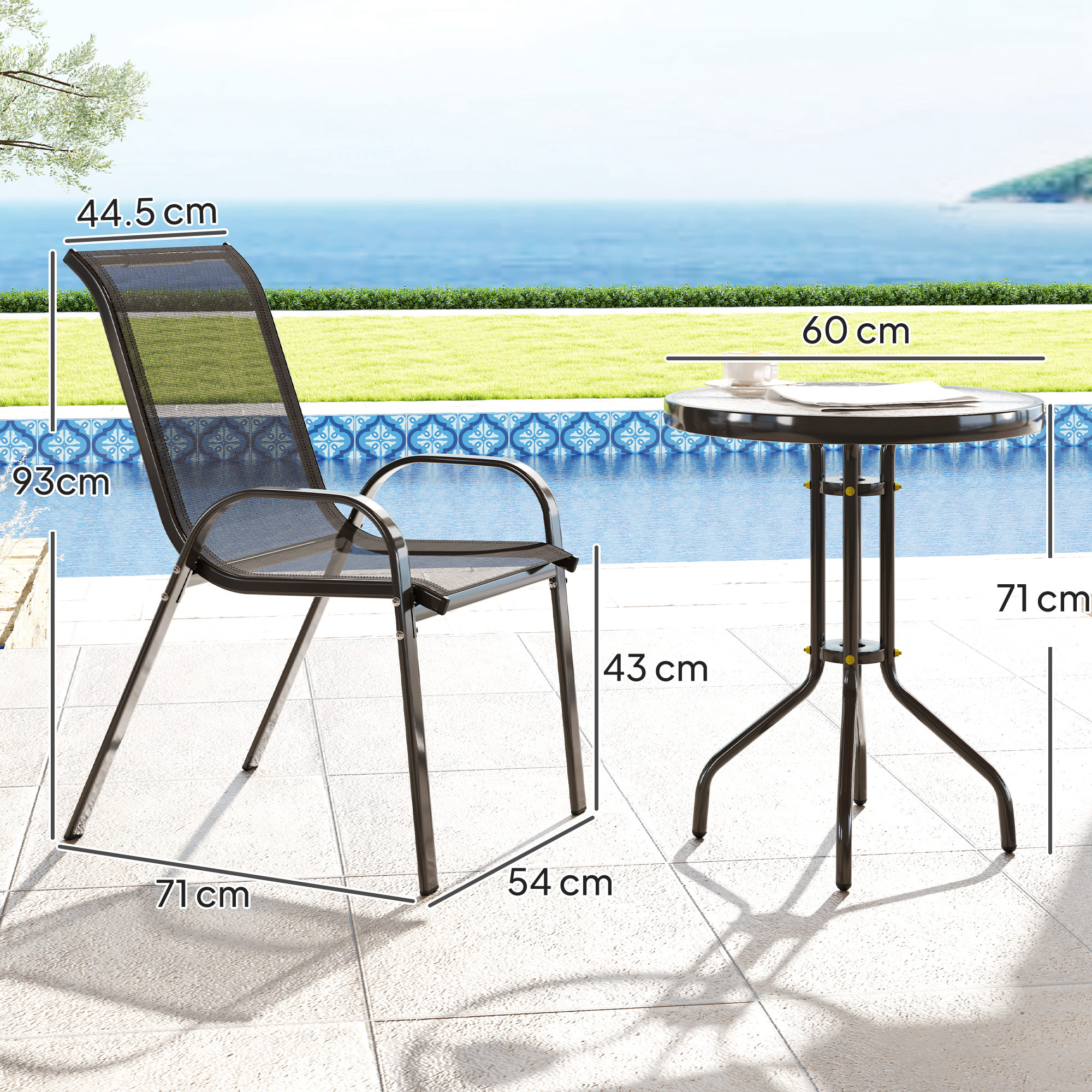 Set gradina 3 piese - 2 scaune si masa rotunda otel negru
