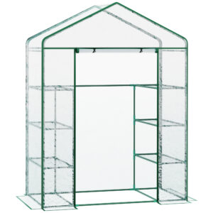 Sera de grădina compacta cu rafturi, 143x73x195cm - Cadru metalic și PVC transparent