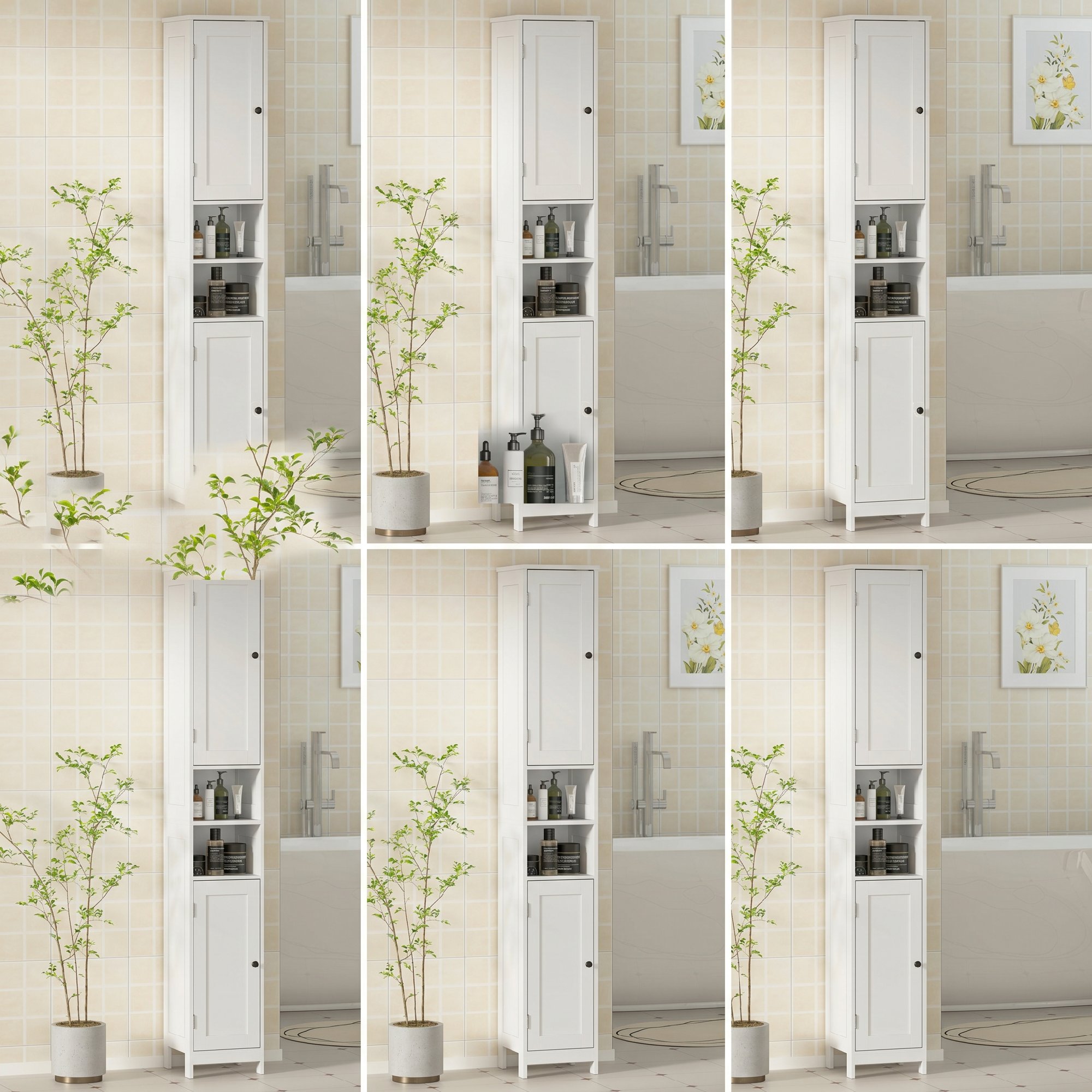 Dulap Înalt Baie Alb 170cm - 2 Dulapuri + 2 Rafturi Deschise, Reglabil