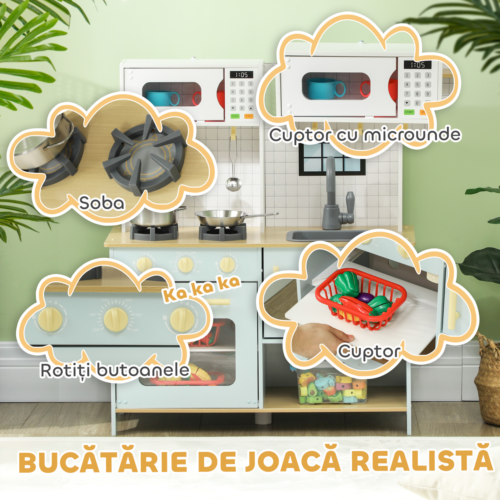 Bucatarie de jucarie AIYAPLAY cu aragaz, cuptor si accesorii - Albastru si Alb