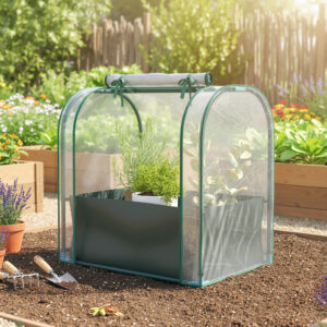 Mini sera de gradina cu sac de plantare si usa rulanta