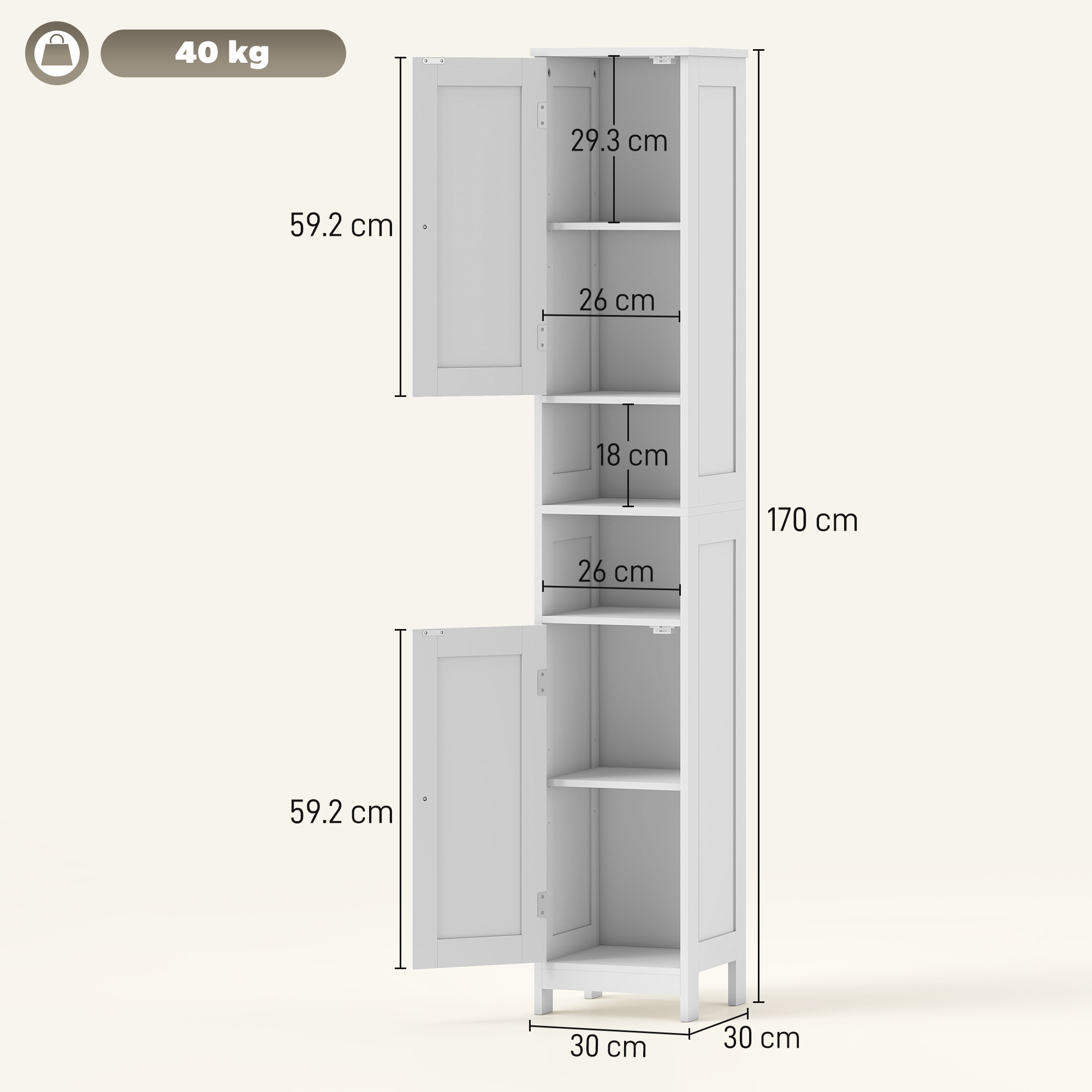 Dulap Înalt Baie Alb 170cm - 2 Dulapuri + 2 Rafturi Deschise, Reglabil