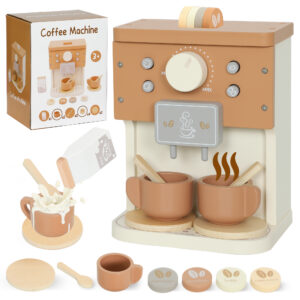 Set cafetiera din lemn pentru copii - masina de cafea interactiva cu accesorii Montessori